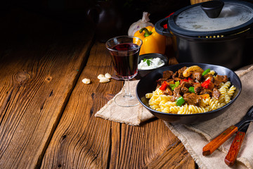 Fussili noodle with klaschise spicy goulash and paprika
