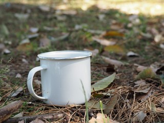 落ち葉で覆われた地面に置かれた琺瑯の白いマグカップ