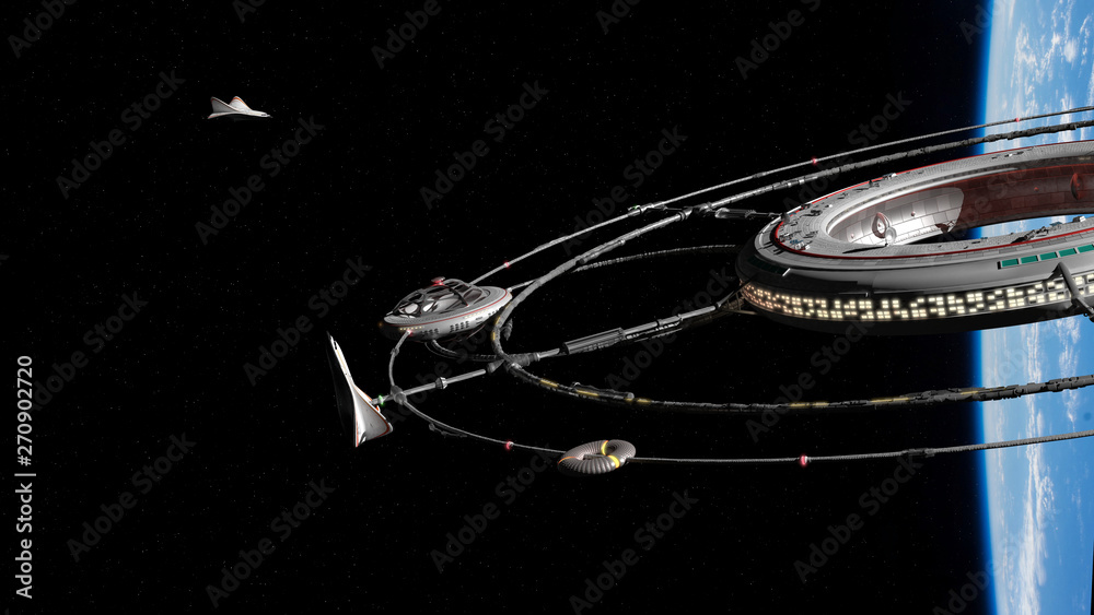 Wall mural space station and multiple spaceships in orbit of planet earth (3d science background rendering, ele