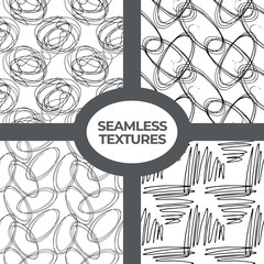 set of hand-drawn seamless pattern. Vector black and white illustration.