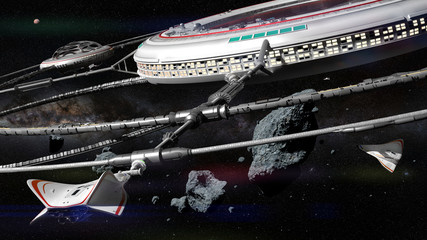 space station with spaceships in the asteroid belt (3d science fiction background illustration, elements of this image are furnished by NASA)