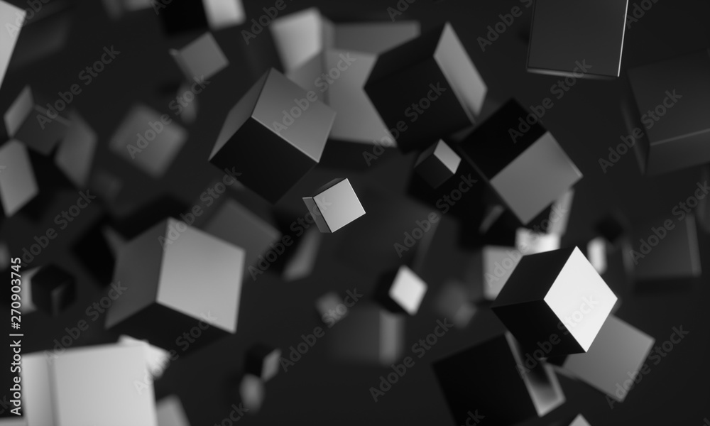 Poster Abstract 3d rendering of chaotic particles. Scifi cubes in empty space. Futuristic background. 3D rendering - Illustration