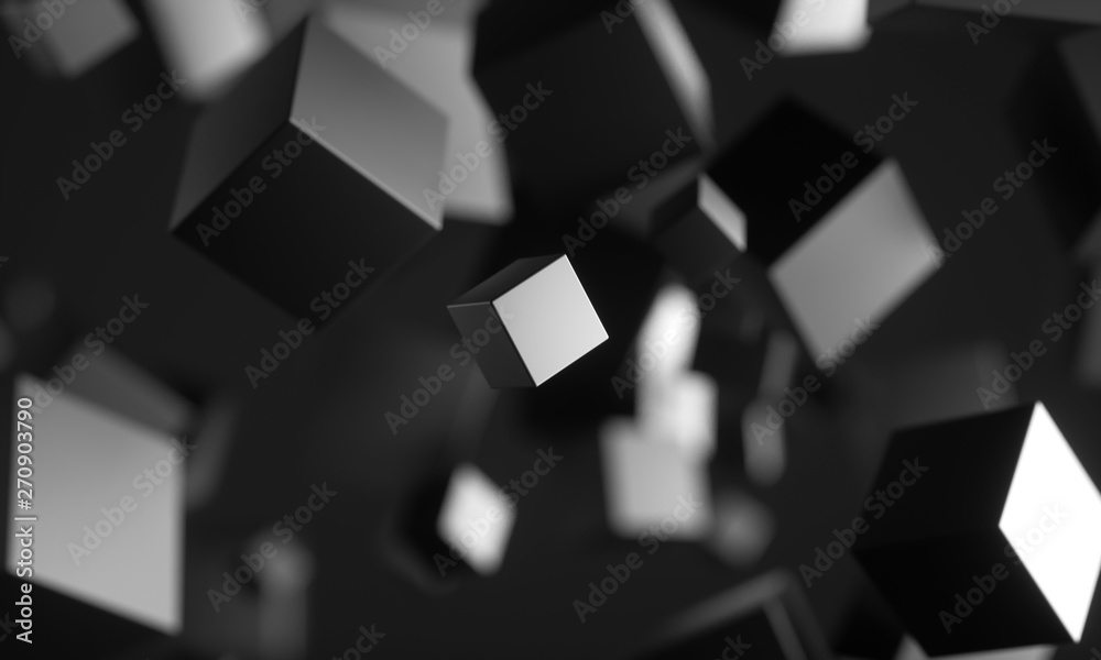 Poster abstract 3d rendering of chaotic particles. scifi cubes in empty space. futuristic background. 3d re