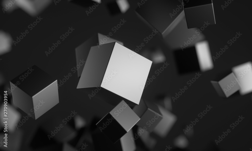 Poster abstract 3d rendering of chaotic particles. scifi cubes in empty space. futuristic background. 3d re