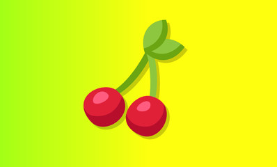 Cherry with leaf isolated on yellow background , fresh fruit, natural berry