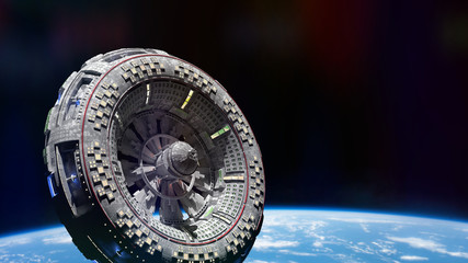 gigantic space station in orbit of planet Earth (3d science fiction render, elements of this image are furnished by NASA)