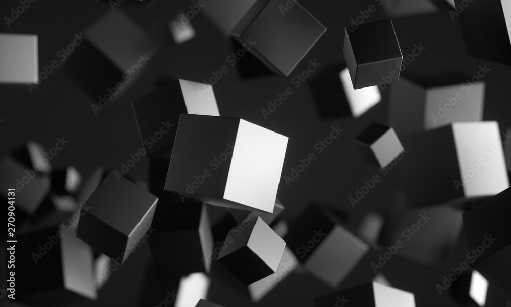 Poster abstract 3d rendering of chaotic particles. scifi cubes in empty space. futuristic background. 3d re