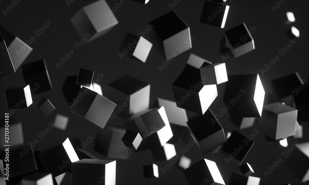 Poster abstract 3d rendering of chaotic particles. scifi cubes in empty space. futuristic background. 3d re