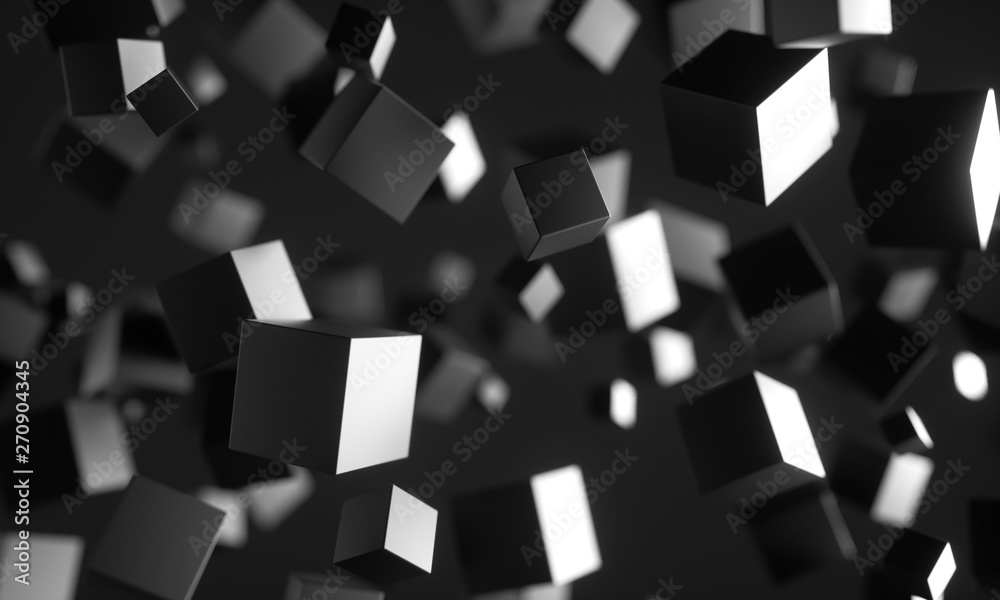 Poster abstract 3d rendering of chaotic particles. scifi cubes in empty space. futuristic background. 3d re