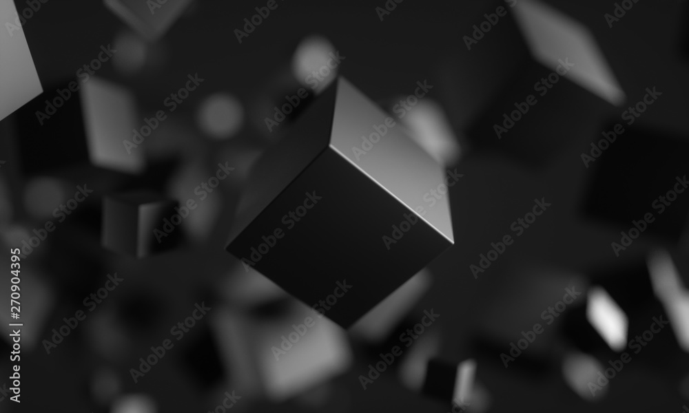 Poster Abstract 3d rendering of chaotic particles. Scifi cubes in empty space. Futuristic background. 3D rendering - Illustration