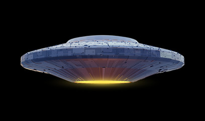 UFO, alien spaceship with extraterrestrial visitors, flying saucer from outer space (3d illustration isolated on black background) © dottedyeti