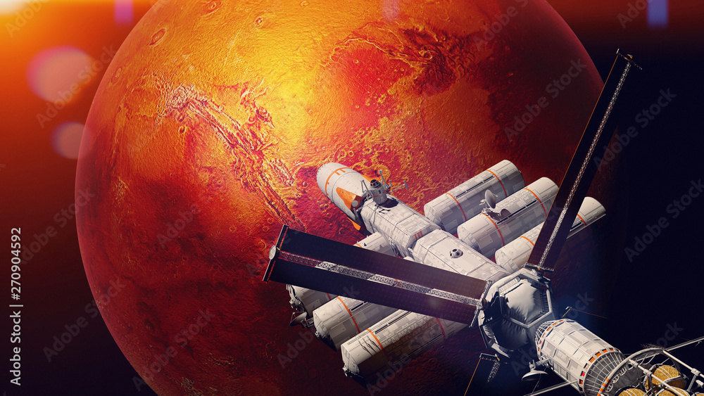 Wall mural spaceship arrives in mars orbit, mission to the red planet