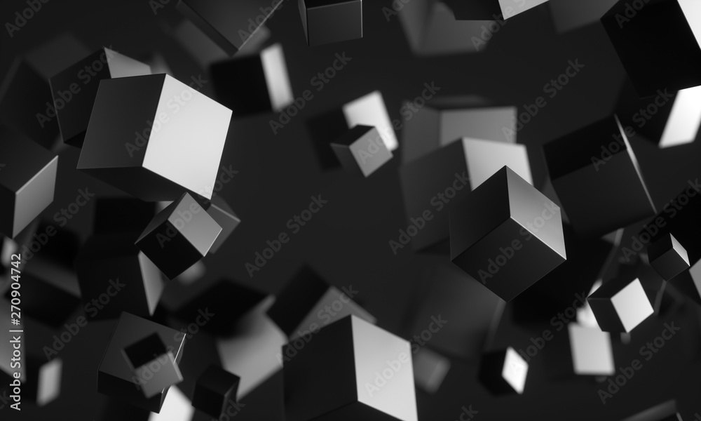Poster Abstract 3d rendering of chaotic particles. Scifi cubes in empty space. Futuristic background. 3D rendering - Illustration