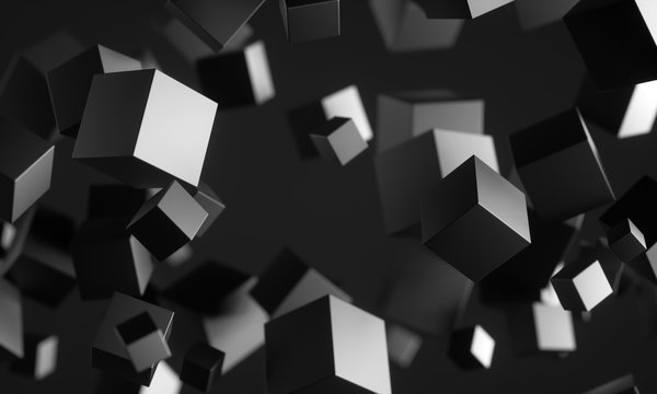 Fototapeta Abstract 3d rendering of chaotic particles. Scifi cubes in empty space. Futuristic background. 3D rendering - Illustration