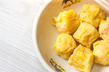 Close up  Siu Mai / Dim sum - Chinese steamed shrimp dumplings.