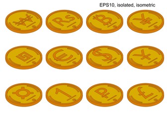 isometric vector coin set of world currencies. Isometric icons. Elements of design of a business concept. Vector design elements, business or finance theme. Isometric, set.