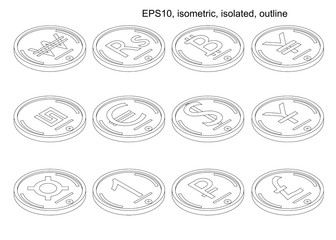 isometric vector coin set of world currencies. Isometric icons. Elements of design of a business concept. Vector design elements, business or finance theme. Outline, isometric.