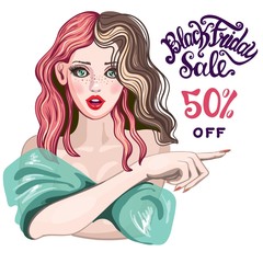 Surprised face of a nice pretty girl with a mouth open in surprise. Pink crazy hair, lively eyes. Lettering black Friday, sale