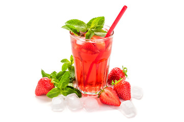 Fruit cocktail. Strawberry mors. Cocktail from strawberry and mint. Strawberry, mint, glass, ice cubes