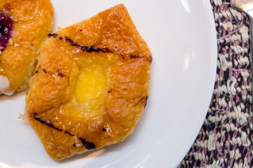 The Close up fresh fruit pie tart with pineapple  that serve on background.