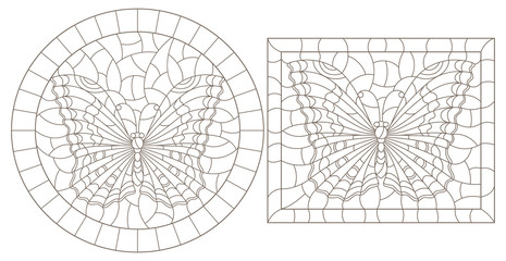 Contour set of illustrations of stained glass with butterflies , dark outline on a white background