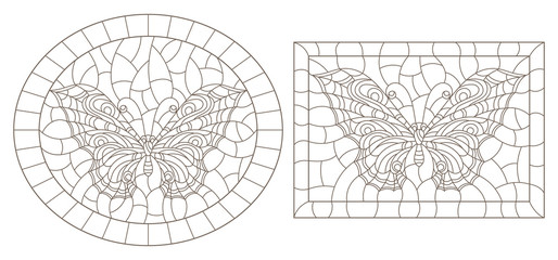 Contour set of illustrations of stained glass with butterflies , dark outline on a white background