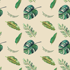Hand-drawn watercolor seamless pattern. Green tropical leaves
