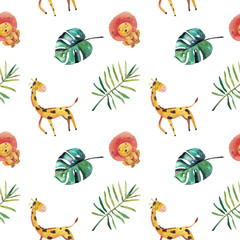 Hand-drawn watercolor seamless pattern. Green tropical leaves and wild animals on white background