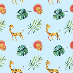 Hand-drawn watercolor seamless pattern. Green tropical leaves and wild animals