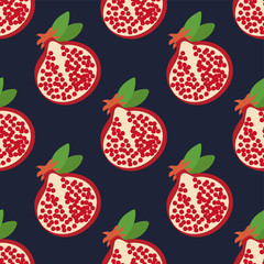 Garnet seamless pattern. Hand drawn fresh pomegranate. Vector sketch background. Color doodle wallpaper. Exotic tropical fruit. Fashion design. Food print for kitchen tablecloth, curtain or dishcloth
