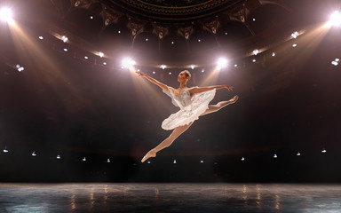 Ballet. Classical ballet performed by a couple of ballet dancers on the stage of the opera house.