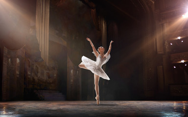 Ballet. Classical ballet performed by a couple of ballet dancers on the stage of the opera house. - obrazy, fototapety, plakaty