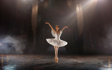 Ballet. Classical ballet performed by a couple of ballet dancers on the stage of the opera house.