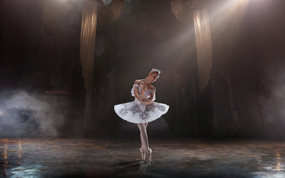 Ballet. Classical ballet performed by a couple of ballet dancers on the stage of the opera house. © VIAR PRO studio