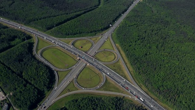 Aerial view of highway interchange. Road junction. Aerial view.