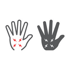 Hand pain line and glyph icon, body and pain, arm ache sign, vector graphics, a linear pattern on a white background.