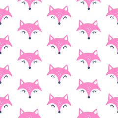Cute red fox seamless pattern. Vector animals background. All over print with Hand drawn cartoon foxes