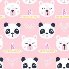 Obraz premium Cute seamless pattern with teddy bear, panda, cat. Vector cartoon animals background.