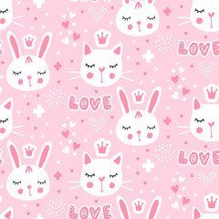 Vector seamless pattern with cute princess bunny. Pink background. Adorable animals.