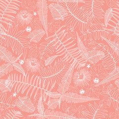 Vector coral pink seamless pattern with ferns, leaves and wild flower. Suitable for textile, gift wrap and wallpaper.