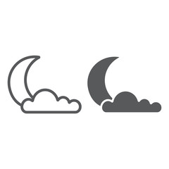 Night line and glyph icon, weather and climate, moon and cloud sign, vector graphics, a linear pattern on a white background.