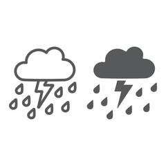 Thunderstorm with rain line and glyph icon, weather and forecast, thunder sign, vector graphics, a linear pattern on a white background.