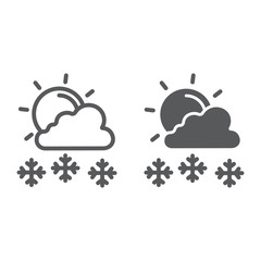 Snowfall in sunny day line and glyph icon, weather and forecast, sun and snow sign, vector graphics, a linear pattern on a white background.