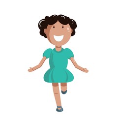 little girl in a turquoise dress runs joyfully