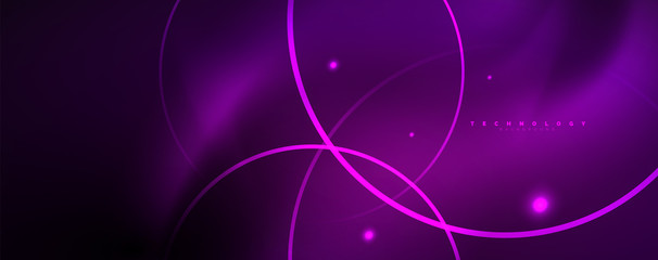 Shiny neon lights, dark abstract background with blurred magic neon light curved lines