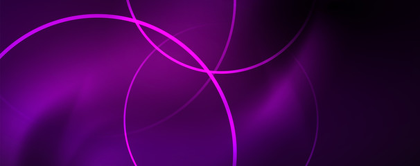 Shiny neon lights, dark abstract background with blurred magic neon light curved lines