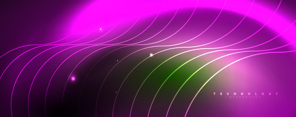 Shiny neon lines template - northern lights glowing blur lines. Futuristic style glow neon 80s disco club or night party techno template