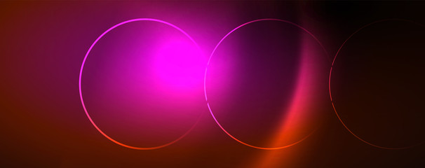 Bright neon circles and wave lines, glowing shiny background design template, digital techno concept.