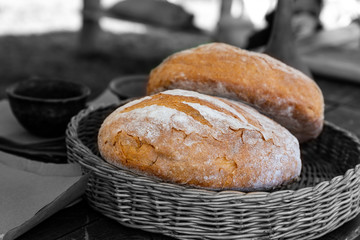 bright brown fresh baking bread tinted basket background contrasted base highlighted