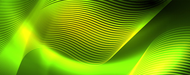 Bright neon circles and wave lines, glowing shiny background design template, digital techno concept.